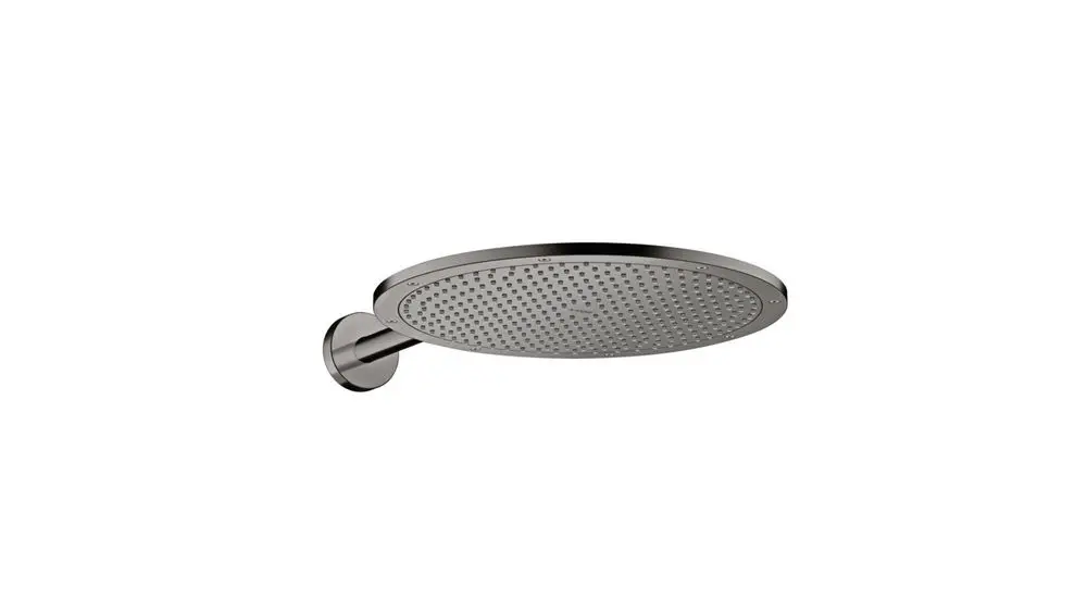Kopfbrause in poliertem Schwarzchrom von AXOR, rundes Design mit gleichmäßig verteilten Düsen zur Wasserausgabe, montiert am Wandarm.
